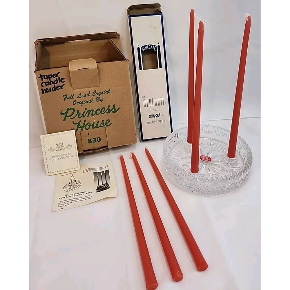 VTG Princess House 24% Full Lead Crystal 3 Lite Taper Candle Holder W/ 6 Candles